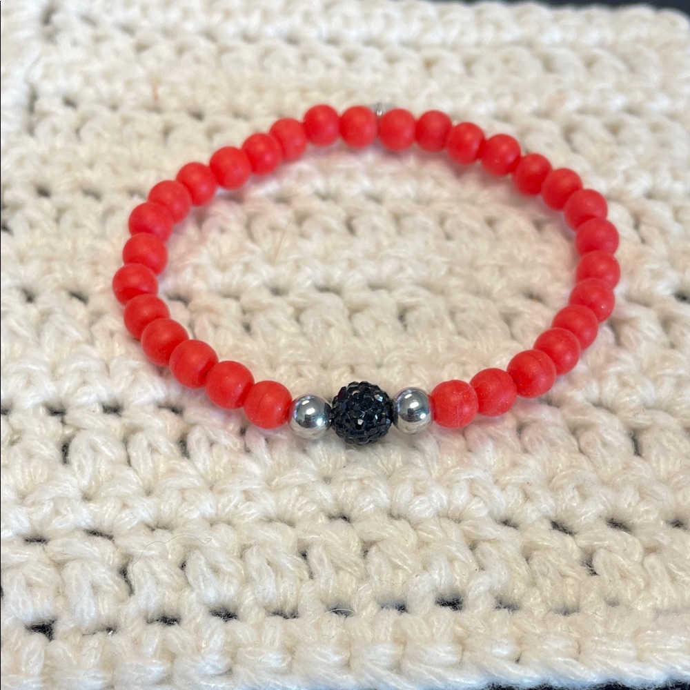 Rustic Cuff Red silicone Beaded Bracelet with Black and Silver Accents